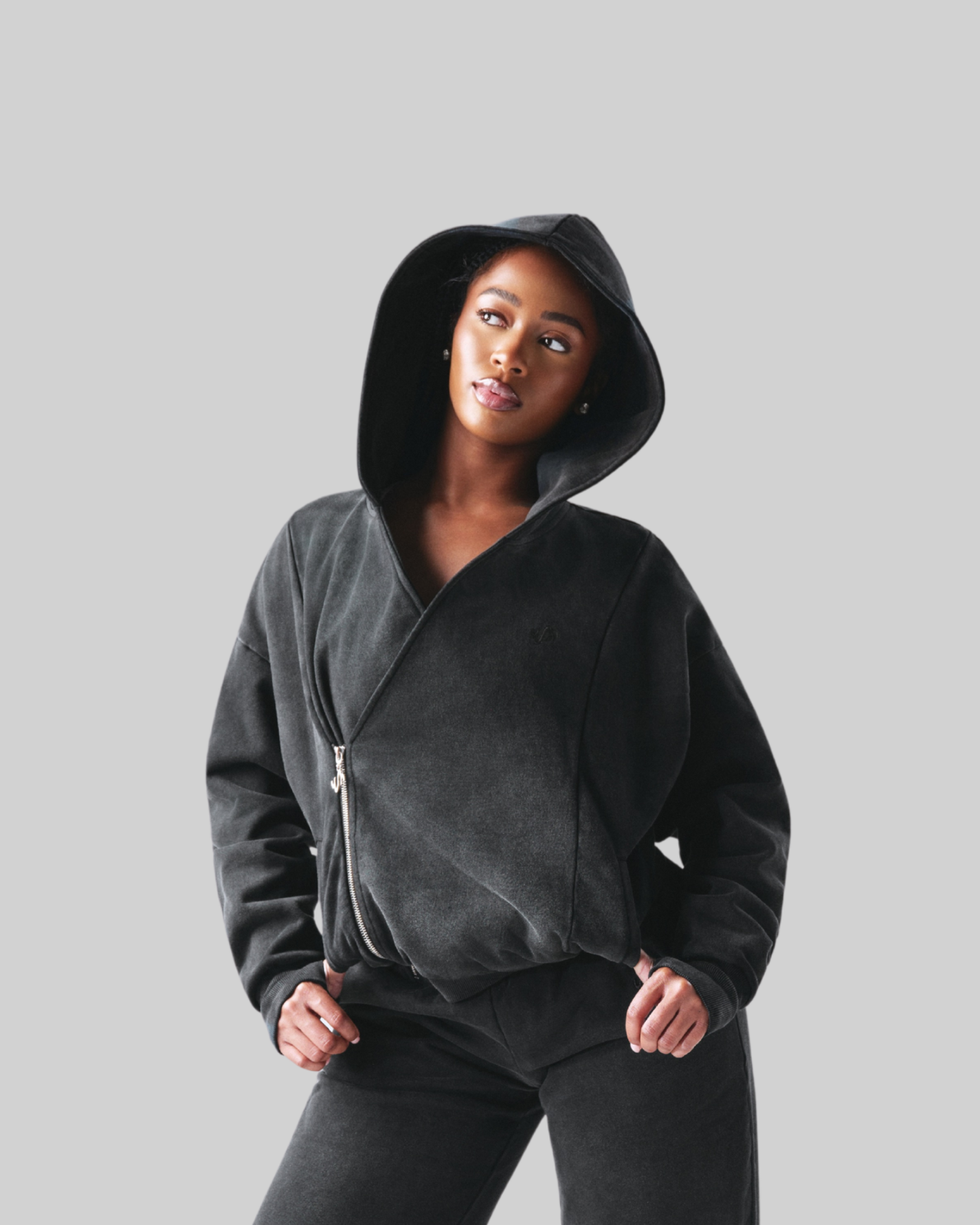 UNISEX ASYMMETRICAL ACID WASH ZIP UP JACKET - BLACK [FINAL SALE]