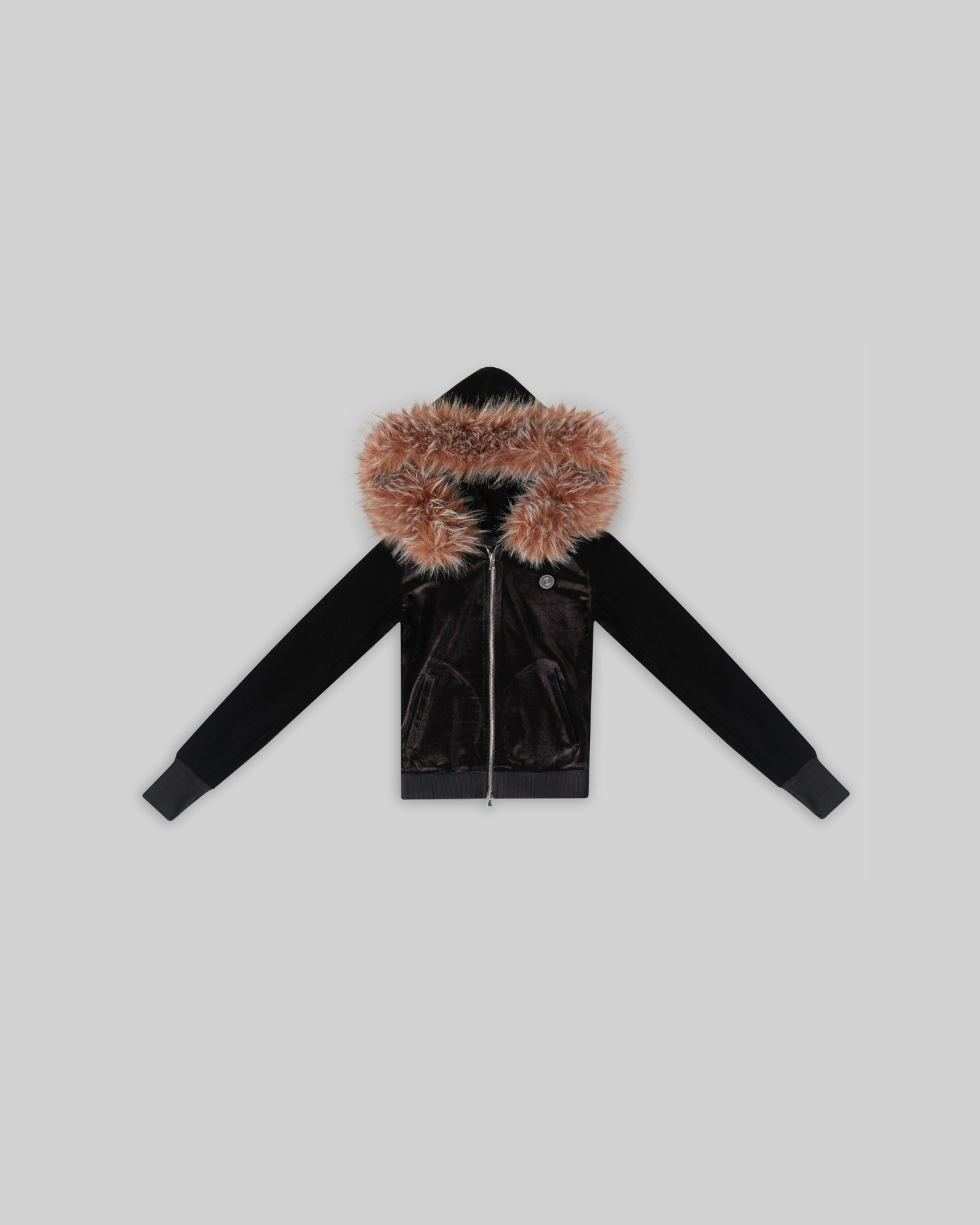 VELOUR PLUSH TRACKSUIT JACKET WITH FUR - BLACK [FINAL SALE]