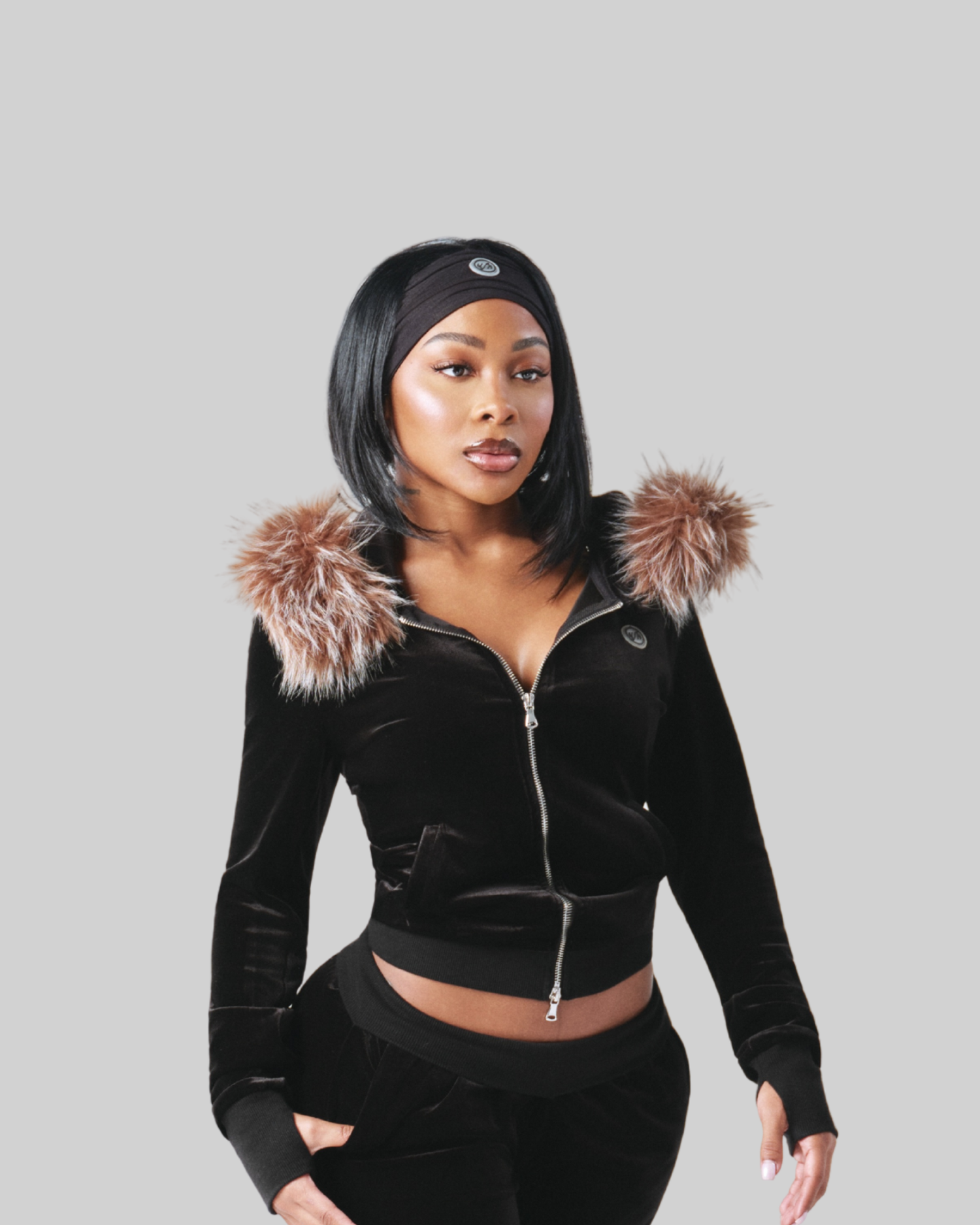 VELOUR PLUSH TRACKSUIT JACKET WITH FUR - BLACK [FINAL SALE]
